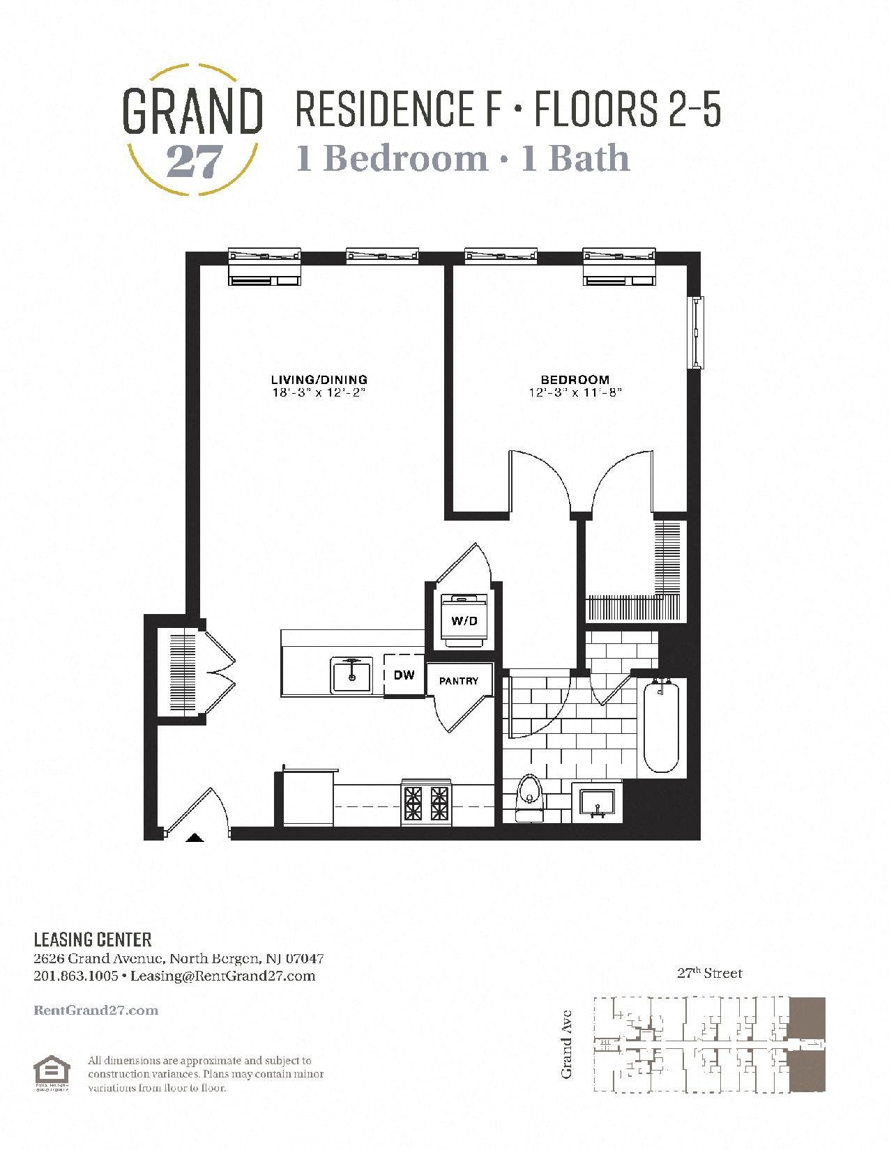 Floor plan for 1 bed, 1 bath, 735 sqft